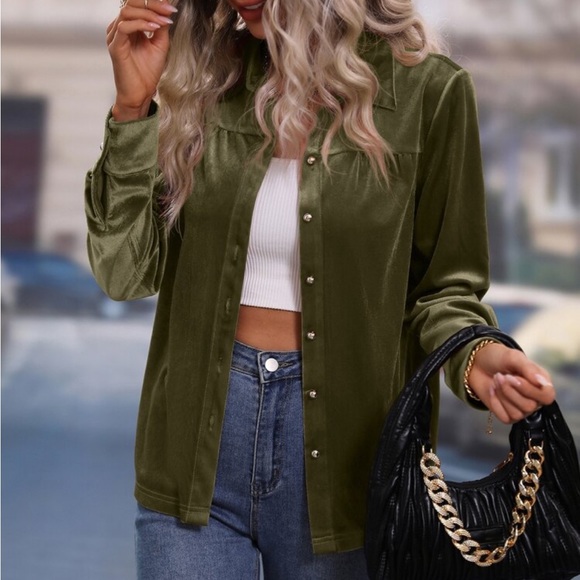 Luxe Velvet Button Down Shirt Top Blouse Rust - Picture 16 of 17